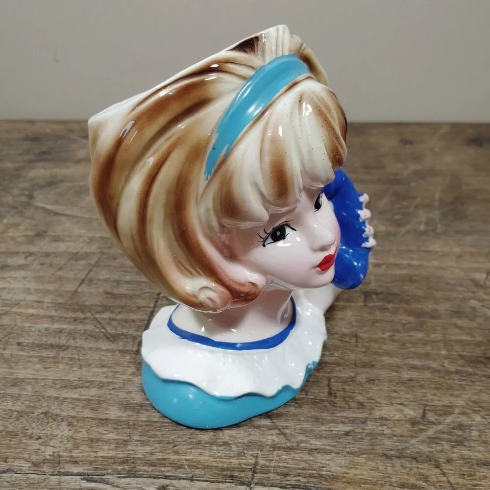 Vintage Lady Head Vase Teenager Inarco E-3548 Telephone Planter Retro Japan